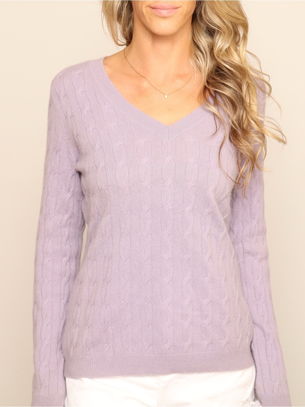 Talbots 100% Cashmere Lavender Cable Knit V Neck Sweater